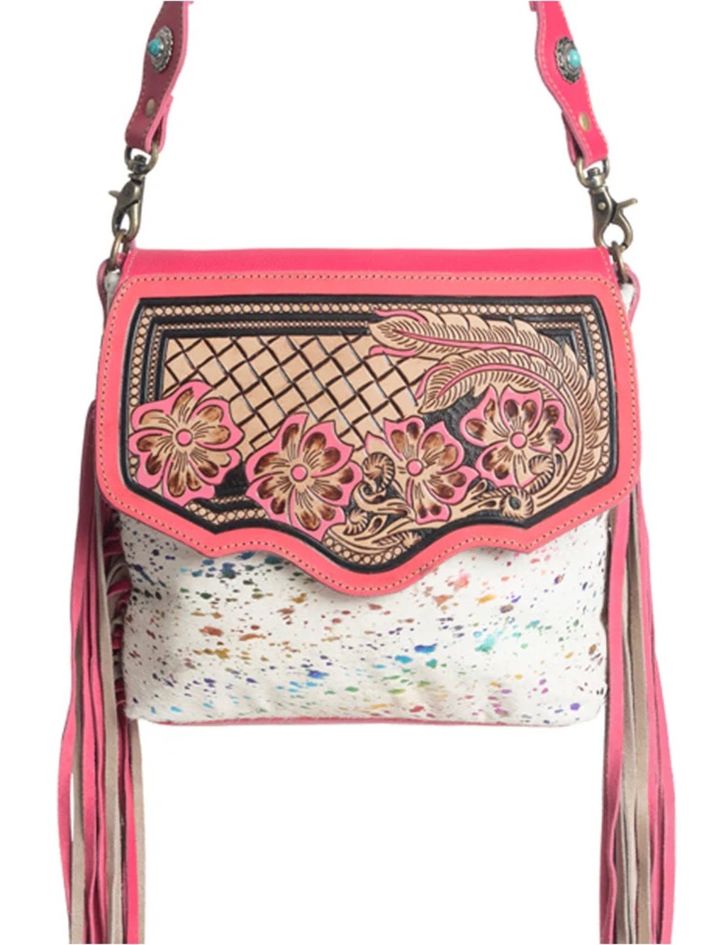 Myra Bag Pink Floral Tooled Flap Crossbody with Speckled Ivory Body